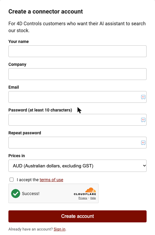 The 4D Controls connector sign-up form