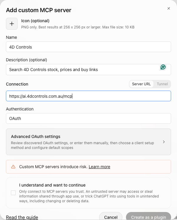 ChatGPT Add custom MCP server form filled in with the 4D Controls address