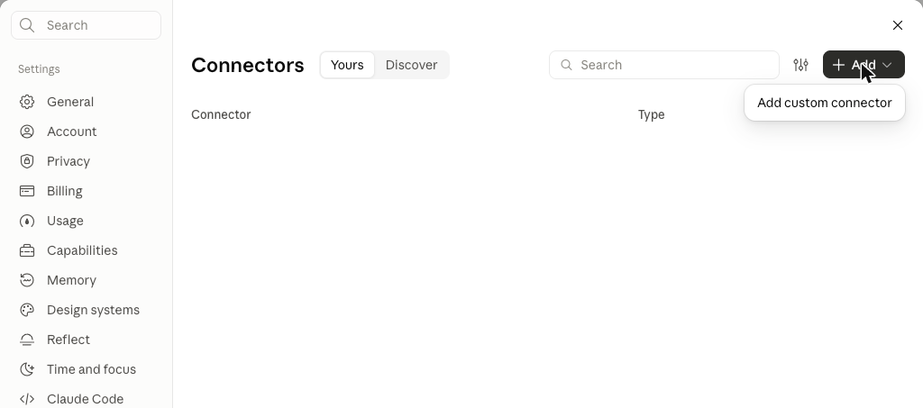 Claude Connectors page with the Add custom connector option