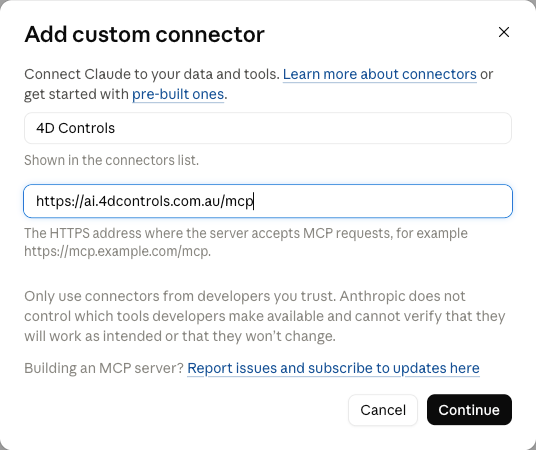 Claude Add custom connector dialog filled in with the 4D Controls address