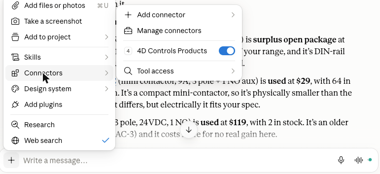 Claude chat menu showing the 4D Controls connector switched on