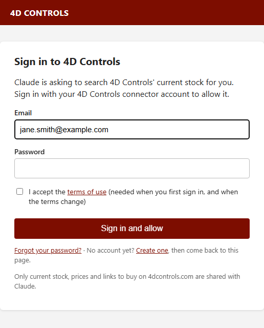 The 4D Controls sign-in and approve screen, opened by Claude