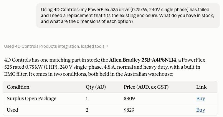 Example answer in Claude listing a replacement drive with stock, price and Buy links